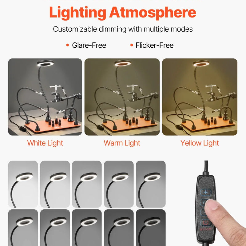 Magnētiskā lodēšanas stacija ar trešo roku, 3× LED palielināmo lampu, 4 PCB turētājiem un 360° karstā gaisa pistoles turētāju, smagas bāzes modelis elektroniķu darbiem