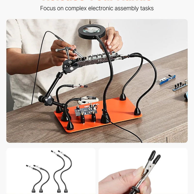 Magnētiskā lodēšanas stacija ar trešo roku, 3× LED palielināmo lampu, 4 PCB turētājiem un 360° karstā gaisa pistoles turētāju, smagas bāzes modelis elektroniķu darbiem