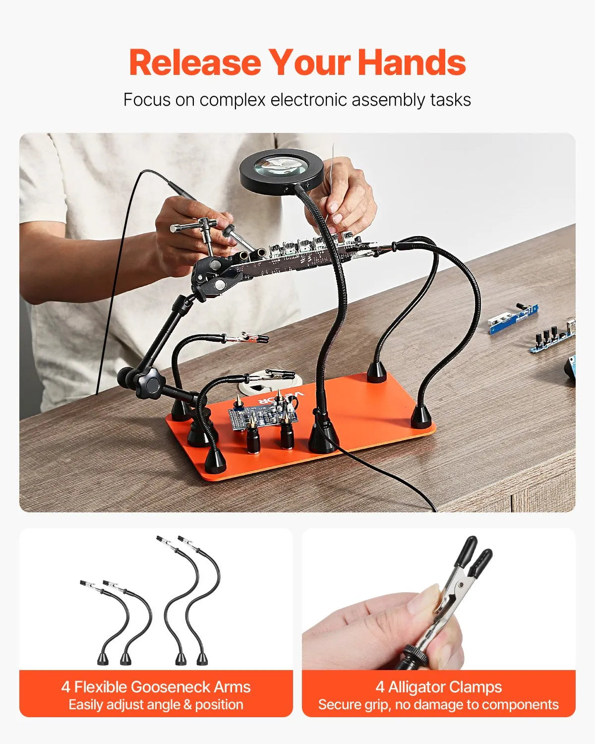 VEVOR Magnetic Soldering Station with Third Hand, 3× LED Magnifying Glass, 4 PCB Holders and Hot Air Gun Holder, Heavy Base