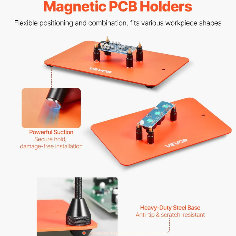 Magnētiskā lodēšanas stacija ar trešo roku, 3× LED palielināmo lampu, 4 PCB turētājiem un 360° karstā gaisa pistoles turētāju, smagas bāzes modelis elektroniķu darbiem