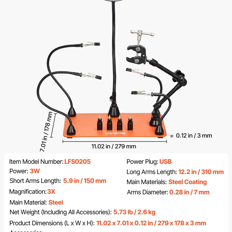 Magnētiskā lodēšanas stacija ar trešo roku, 3× LED palielināmo lampu, 4 PCB turētājiem un 360° karstā gaisa pistoles turētāju, smagas bāzes modelis elektroniķu darbiem