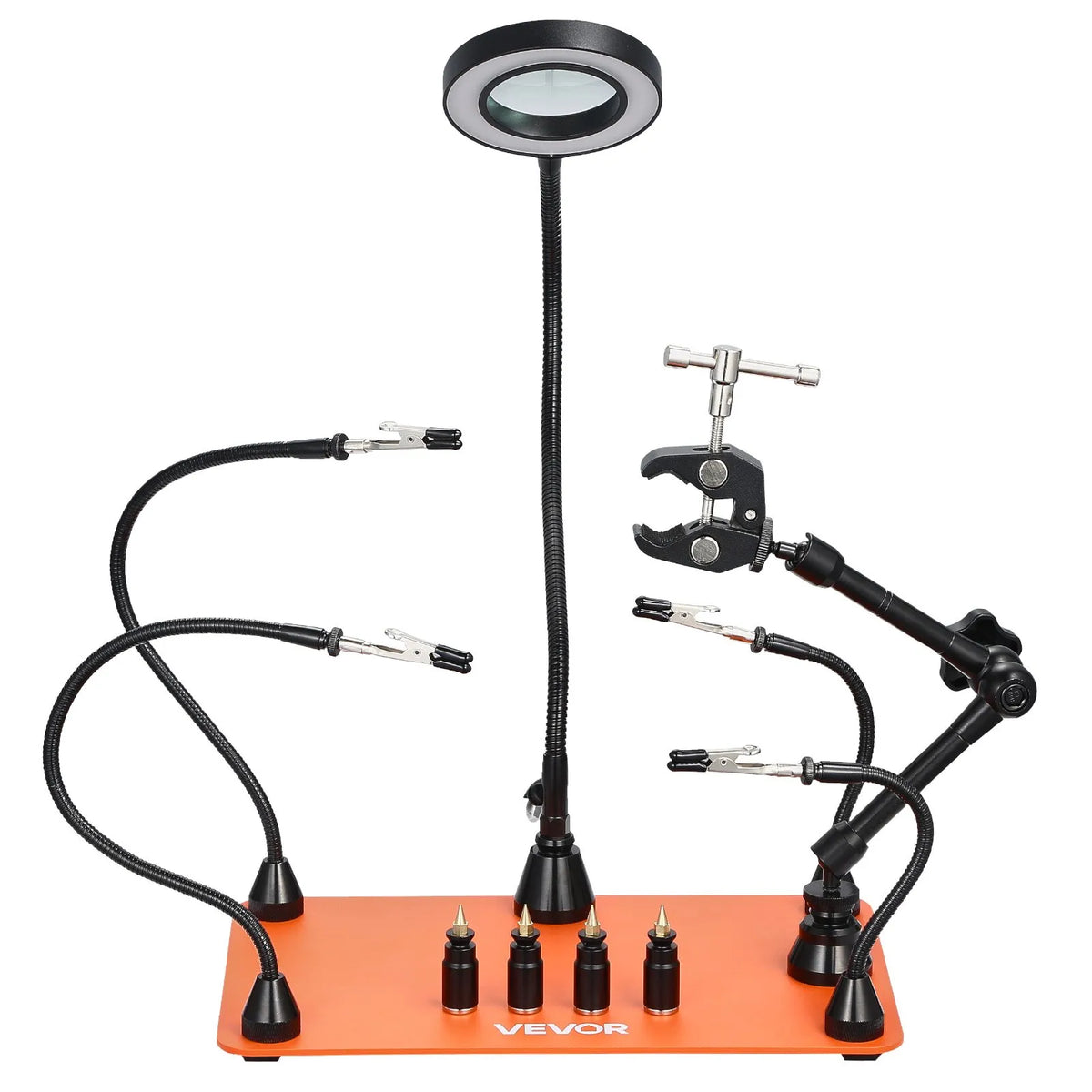 VEVOR Magnetic Soldering Station with Third Hand, 3× LED Magnifying Glass, 4 PCB Holders and Hot Air Gun Holder, Heavy Base