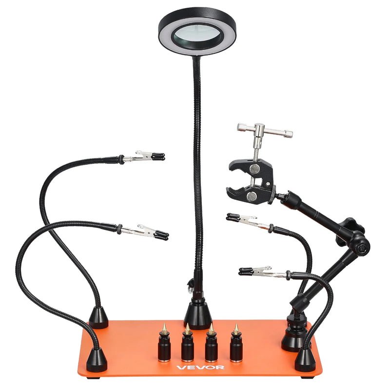Magnētiskā lodēšanas stacija ar trešo roku, 3× LED palielināmo lampu, 4 PCB turētājiem un 360° karstā gaisa pistoles turētāju, smagas bāzes modelis elektroniķu darbiem