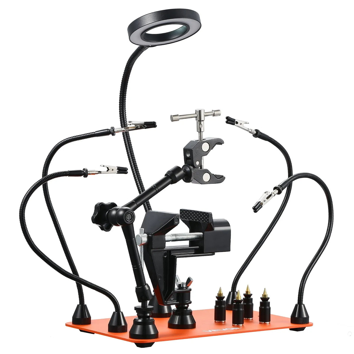 VEVOR Magnetic Soldering Station with Third Hand, 4 Adjustable Arms, Clamps, 3× LED Magnifying Lamps and 4 PCB Holders