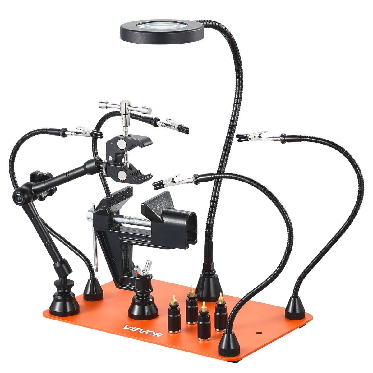 VEVOR Magnetic Soldering Station with Third Hand, 4 Adjustable Arms, Clamps, 3× LED Magnifying Lamps and 4 PCB Holders
