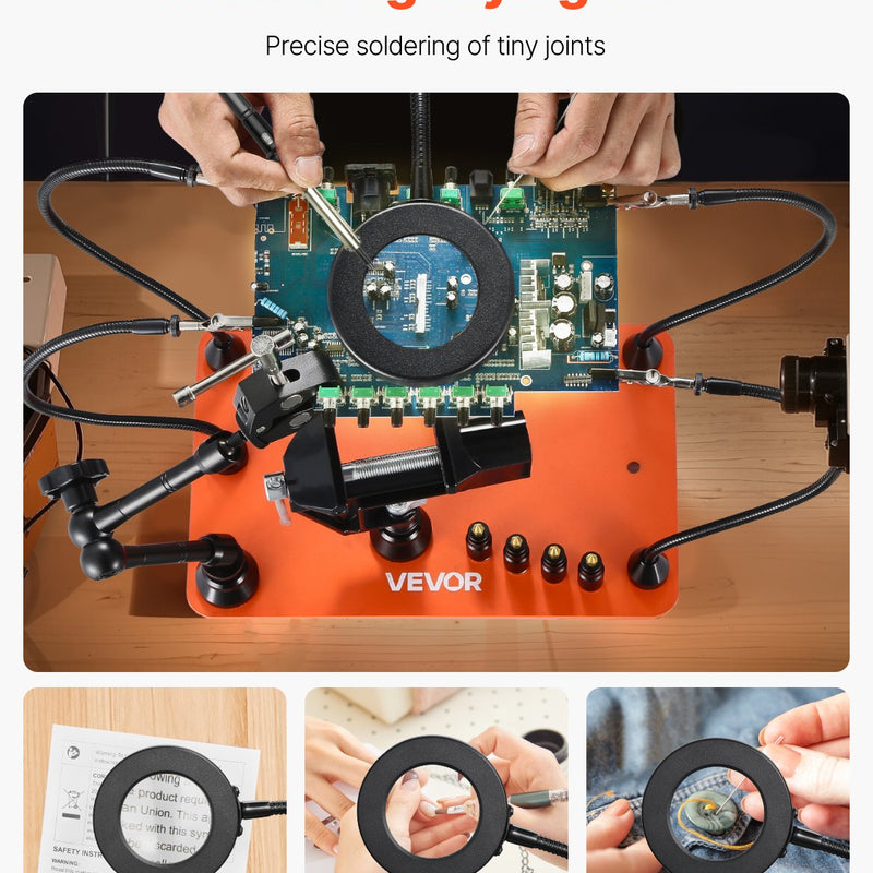 Magnētiskā lodēšanas palīgstacija ar trešo roku, 4 regulējamām svirām, skavu, 3x LED palielināmo lampu, 4 PCB turētājiem un 360° karstā gaisa pistoles turētāju, lodēšanas palīgs elektronikas remontam, rokdarbiem un DIY projektiem