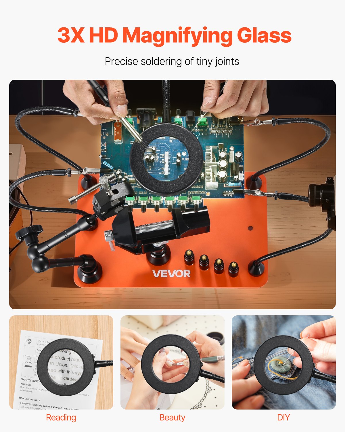 VEVOR Magnetic Soldering Station with Third Hand, 4 Adjustable Arms, Clamps, 3× LED Magnifying Lamps and 4 PCB Holders