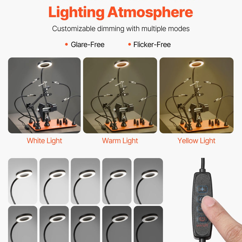 Magnētiskā lodēšanas palīgstacija ar trešo roku, 4 regulējamām svirām, skavu, 3x LED palielināmo lampu, 4 PCB turētājiem un 360° karstā gaisa pistoles turētāju, lodēšanas palīgs elektronikas remontam, rokdarbiem un DIY projektiem