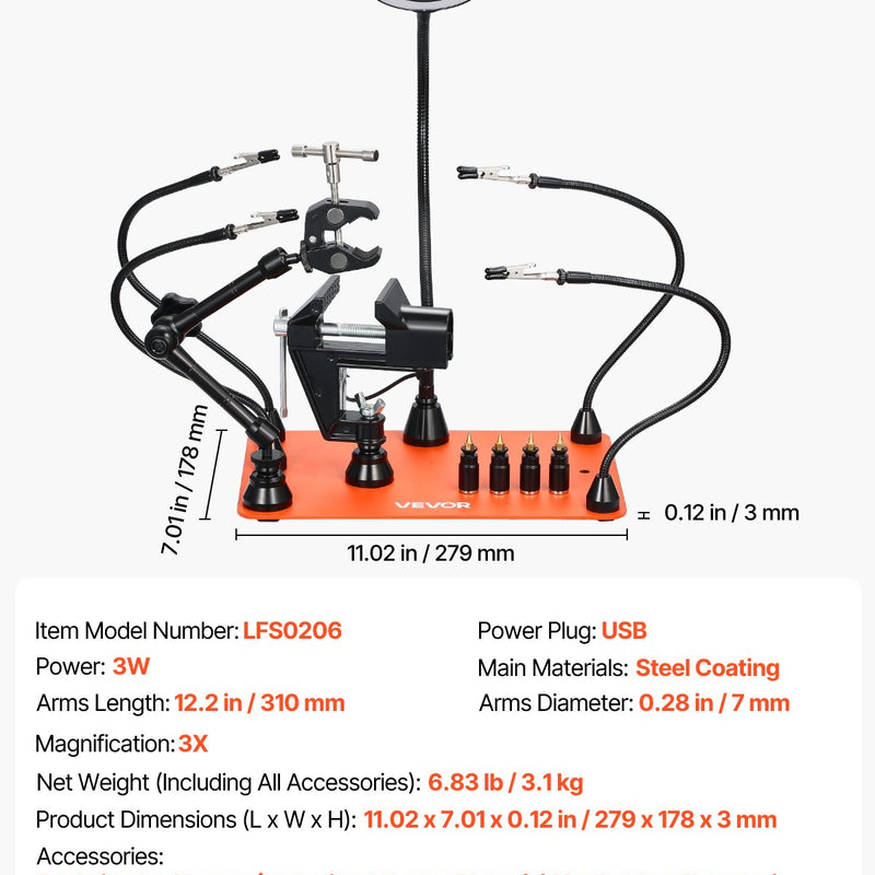 Magnētiskā lodēšanas palīgstacija ar trešo roku, 4 regulējamām svirām, skavu, 3x LED palielināmo lampu, 4 PCB turētājiem un 360° karstā gaisa pistoles turētāju, lodēšanas palīgs elektronikas remontam, rokdarbiem un DIY projektiem