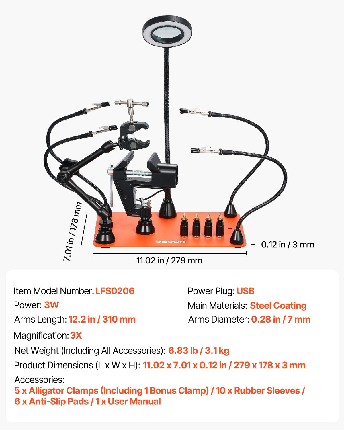 VEVOR Magnetic Soldering Station with Third Hand, 4 Adjustable Arms, Clamps, 3× LED Magnifying Lamps and 4 PCB Holders