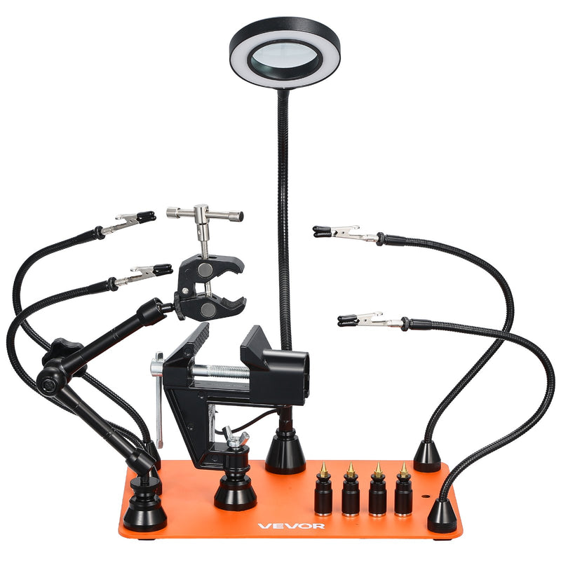 Magnētiskā lodēšanas palīgstacija ar trešo roku, 4 regulējamām svirām, skavu, 3x LED palielināmo lampu, 4 PCB turētājiem un 360° karstā gaisa pistoles turētāju, lodēšanas palīgs elektronikas remontam, rokdarbiem un DIY projektiem