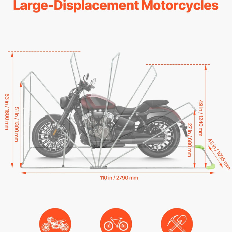 VEVOR motocikla uzglabāšanas nojume ar drošības slēdzeni, 600D Oksfordas auduma atverama tipa garāžas telts, pastiprināts vissezonu motocikla pārsegs ar ventilācijas logiem, 279 × 109,5 × 160 cm āra transportlīdzekļa nojume, melna