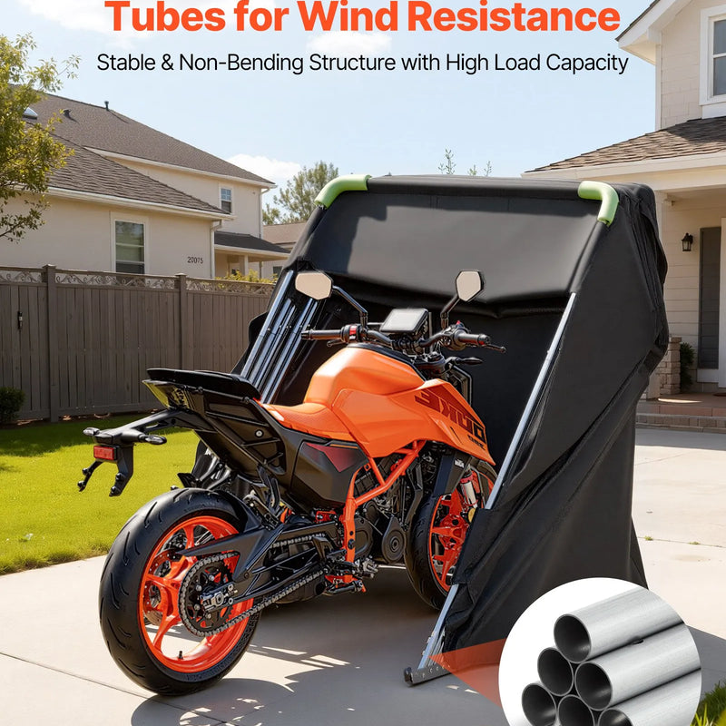 VEVOR motocikla uzglabāšanas nojume ar drošības slēdzeni, 600D Oksfordas auduma atverama tipa garāžas telts, pastiprināts vissezonu motocikla pārsegs ar ventilācijas logiem, 279 × 109,5 × 160 cm āra transportlīdzekļa nojume, melna