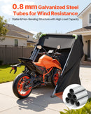 VEVOR motocikla uzglabāšanas nojume ar drošības slēdzeni, 600D Oksfordas auduma atverama tipa garāžas telts, pastiprināts vissezonu motocikla pārsegs ar ventilācijas logiem, 279 × 109,5 × 160 cm āra transportlīdzekļa nojume, melna