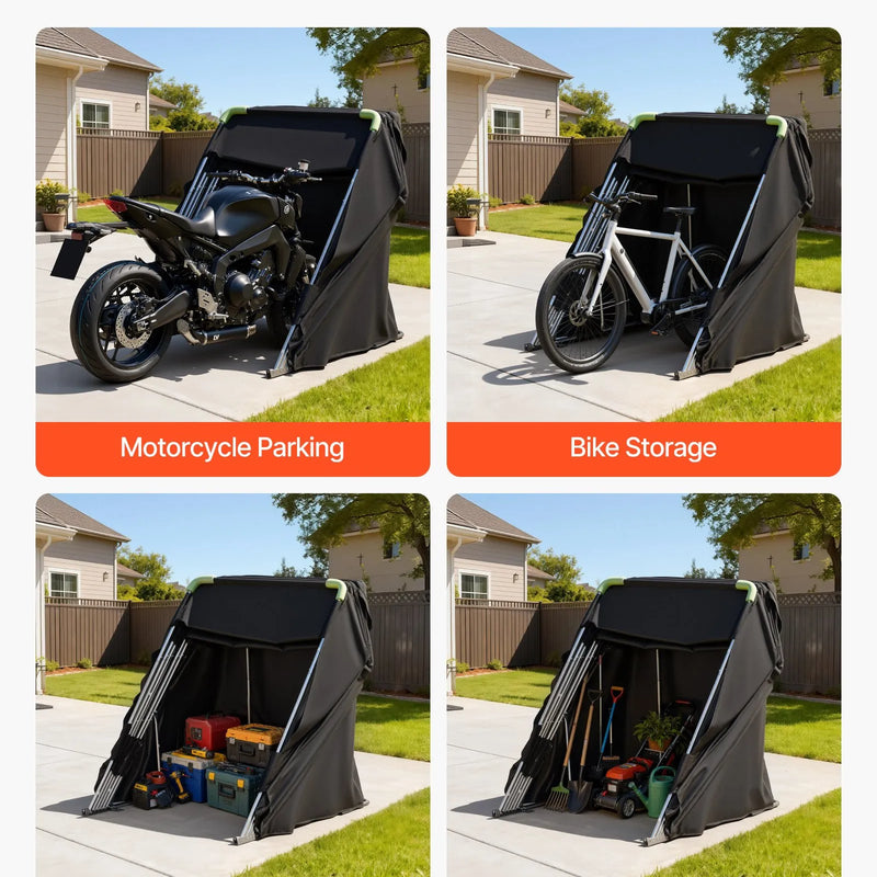 VEVOR motocikla uzglabāšanas nojume ar drošības slēdzeni, 600D Oksfordas auduma atverama tipa garāžas telts, pastiprināts vissezonu motocikla pārsegs ar ventilācijas logiem, 279 × 109,5 × 160 cm āra transportlīdzekļa nojume, melna
