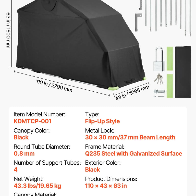 VEVOR motocikla uzglabāšanas nojume ar drošības slēdzeni, 600D Oksfordas auduma atverama tipa garāžas telts, pastiprināts vissezonu motocikla pārsegs ar ventilācijas logiem, 279 × 109,5 × 160 cm āra transportlīdzekļa nojume, melna