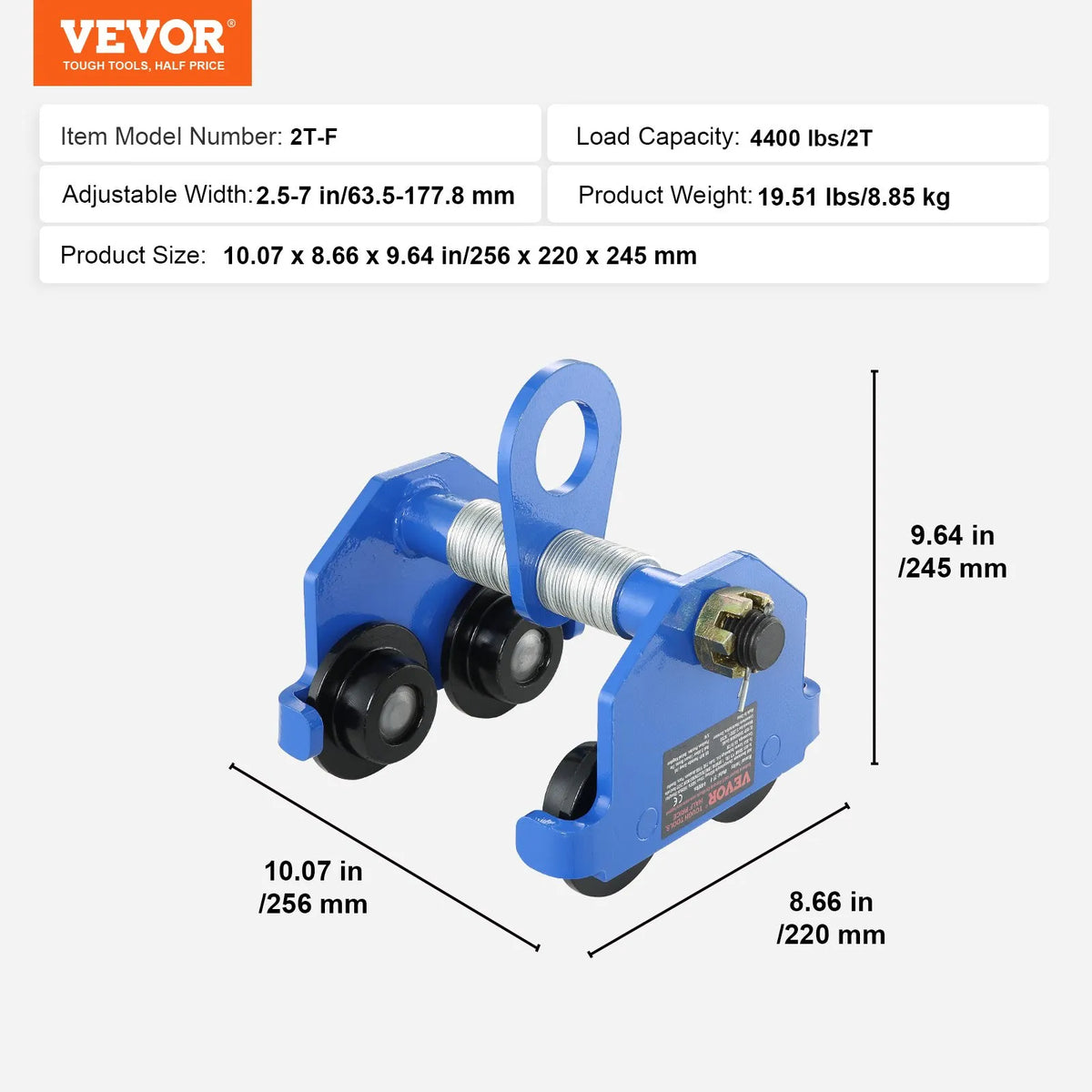 VEVOR Manual Machinery Skates, 2 Tonne Capacity, Push Beam Trolley with Dual Wheels, Adjustable I-Beam Flange Width 63.5–177.8 mm, Heavy-Duty Alloy Steel Lifting Trolley for Straight and Curved I-Beams in Garages and Workshops