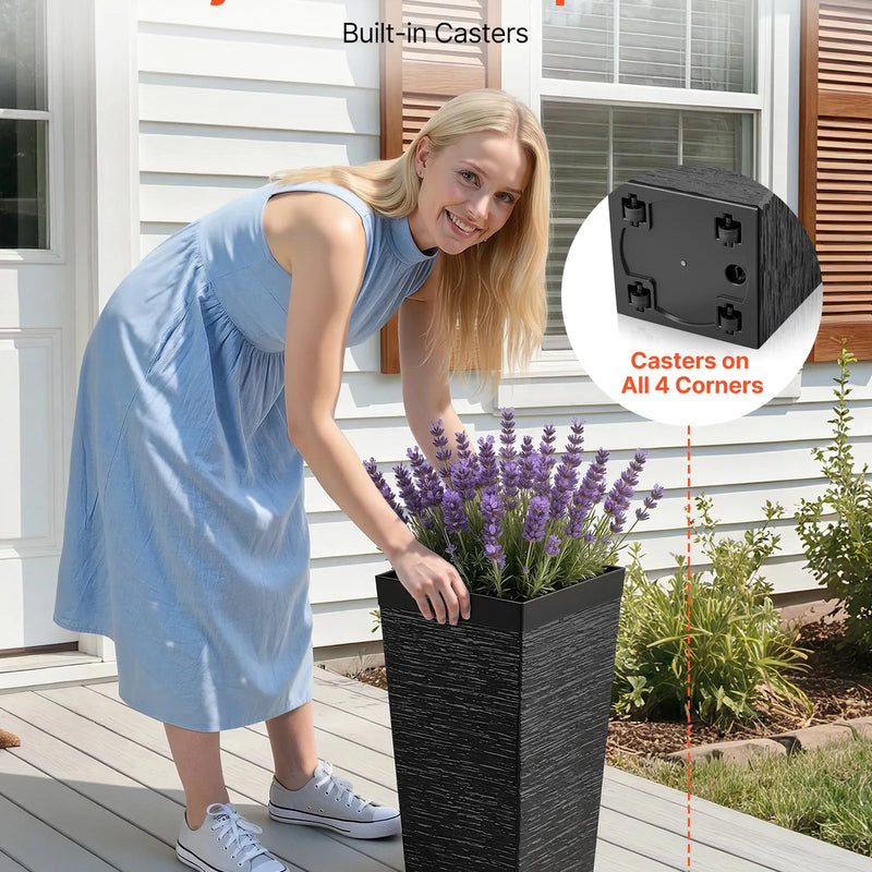 VEVOR augsti puķu podi 2 gab., 580 mm konusveida dizains, plastmasas puķu podi ar riteņiem, iekšējo podu un drenāžas atverēm, piemēroti iekštelpām un ārtelpām, melni - ZEMLETES.LV