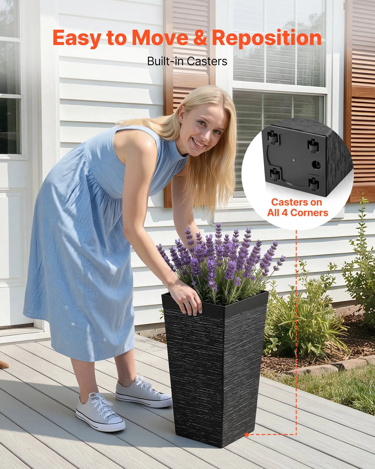 VEVOR augsti puķu podi 2 gab., 580 mm konusveida dizains, plastmasas puķu podi ar riteņiem, iekšējo podu un drenāžas atverēm, piemēroti iekštelpām un ārtelpām, melni - ZEMLETES.LV