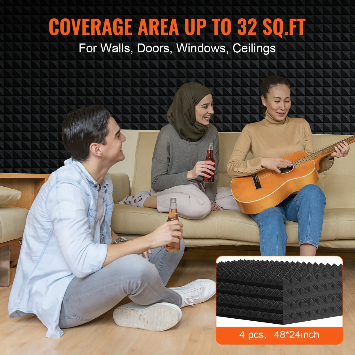 Acoustic Foam Panels, 4 pcs, 122 × 61 × 5 cm, Pyramid-shaped Sound Insulation Wall Panels, Fire-resistant Sound Dampening Panels for Studio, Walls and Ceilings, Black