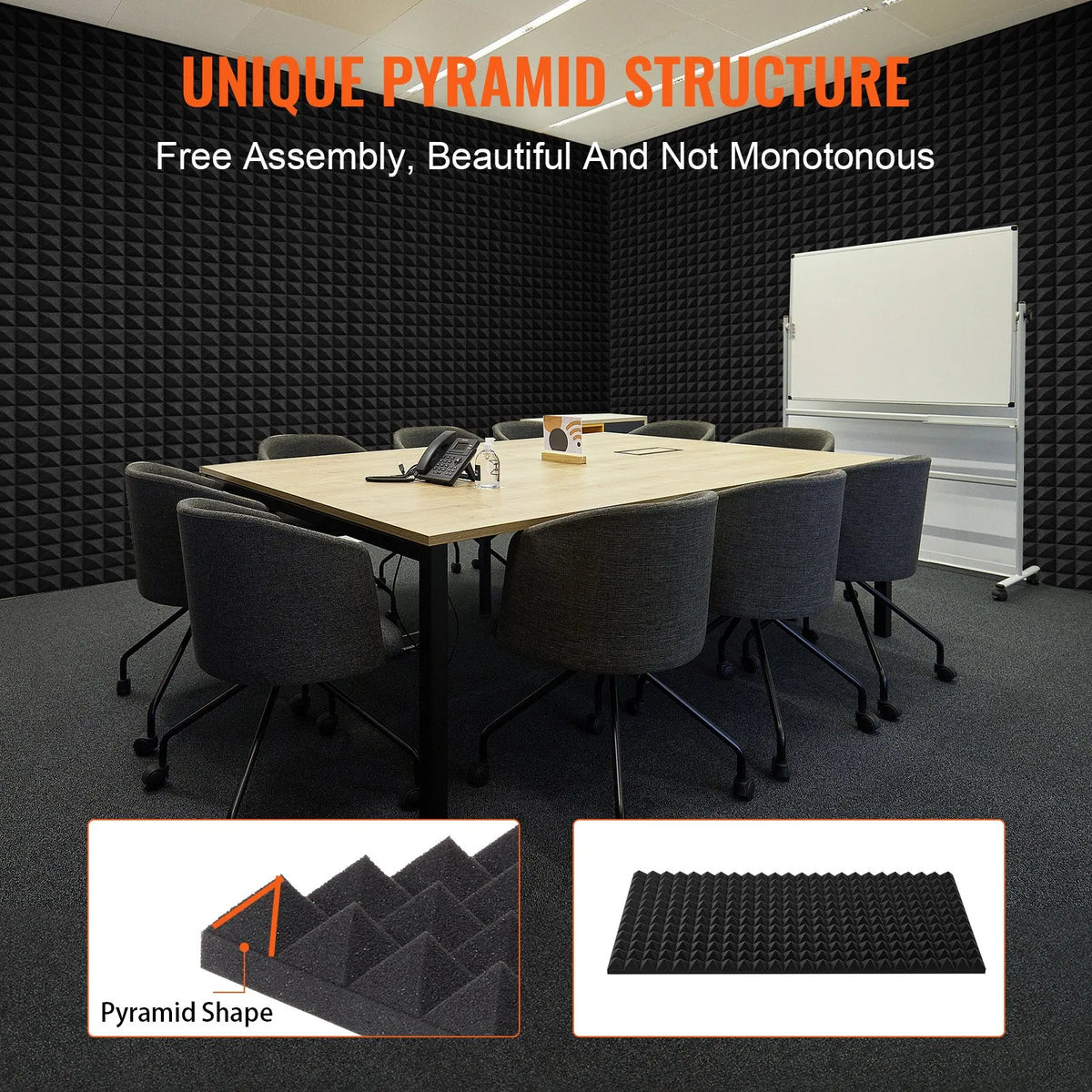 Acoustic Foam Panels, 4 pcs, 122 × 61 × 5 cm, Pyramid-shaped Sound Insulation Wall Panels, Fire-resistant Sound Dampening Panels for Studio, Walls and Ceilings, Black