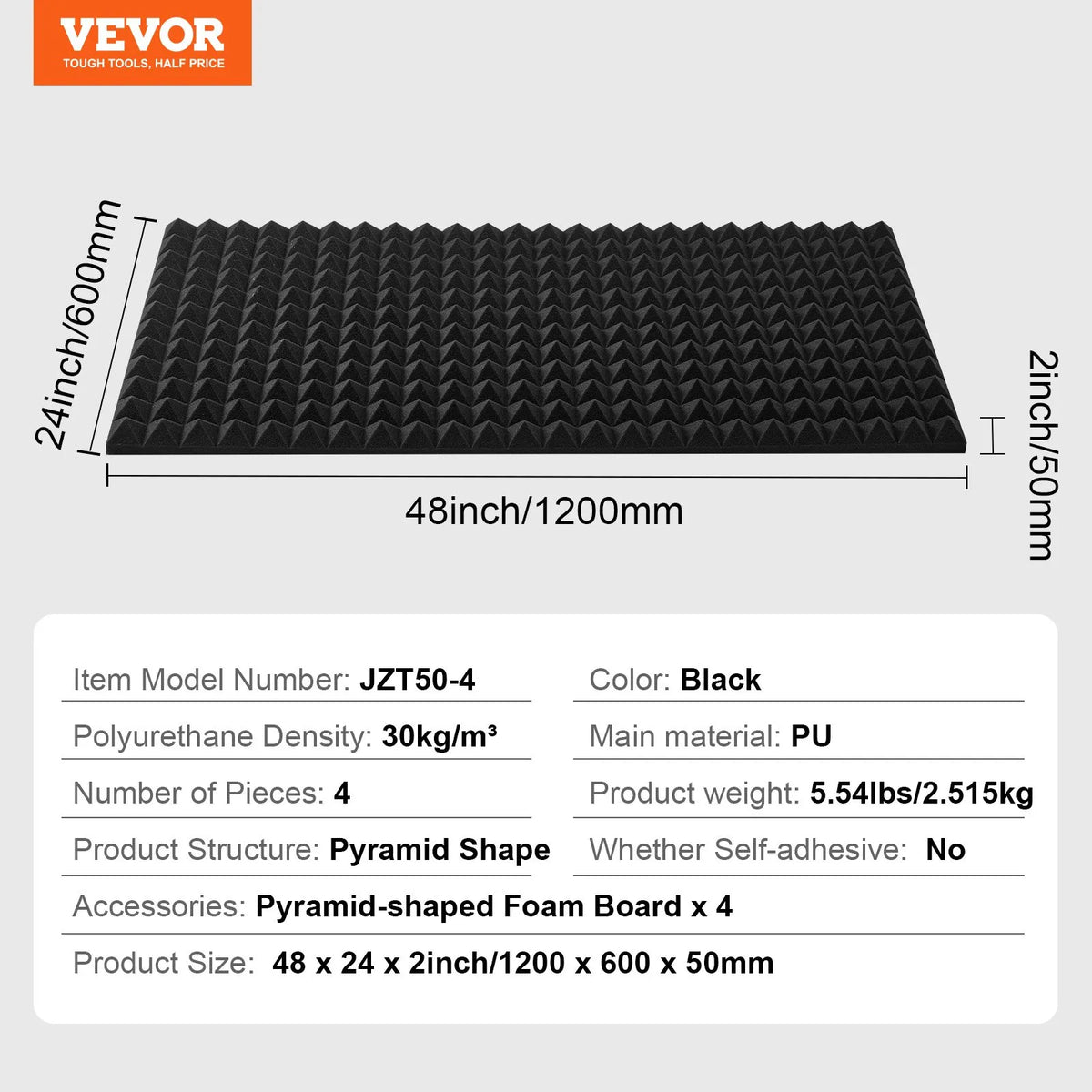 Acoustic Foam Panels, 4 pcs, 122 × 61 × 5 cm, Pyramid-shaped Sound Insulation Wall Panels, Fire-resistant Sound Dampening Panels for Studio, Walls and Ceilings, Black