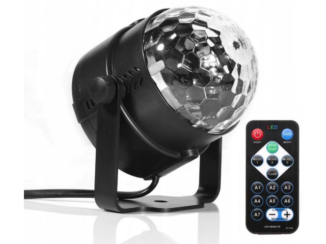 LED disco lodīšu projektors ar tālvadību, iebūvēts skaņas sensors, 9x8.5cm