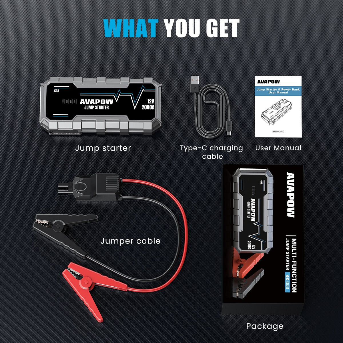 AVAPOW G03 Car Battery Jump Starter 2000 A, 12000 mAh, with QC 3.0 USB Output and LED Torch, Black