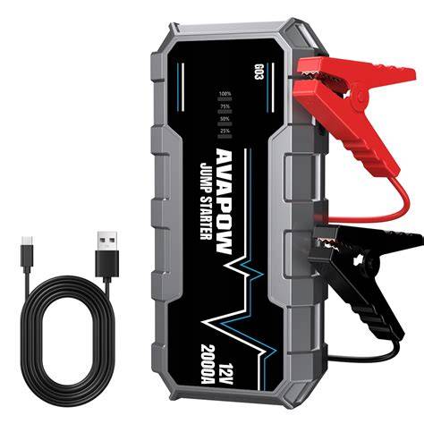 AVAPOW G03 Car Battery Jump Starter 2000 A, 12000 mAh, with QC 3.0 USB Output and LED Torch, Black