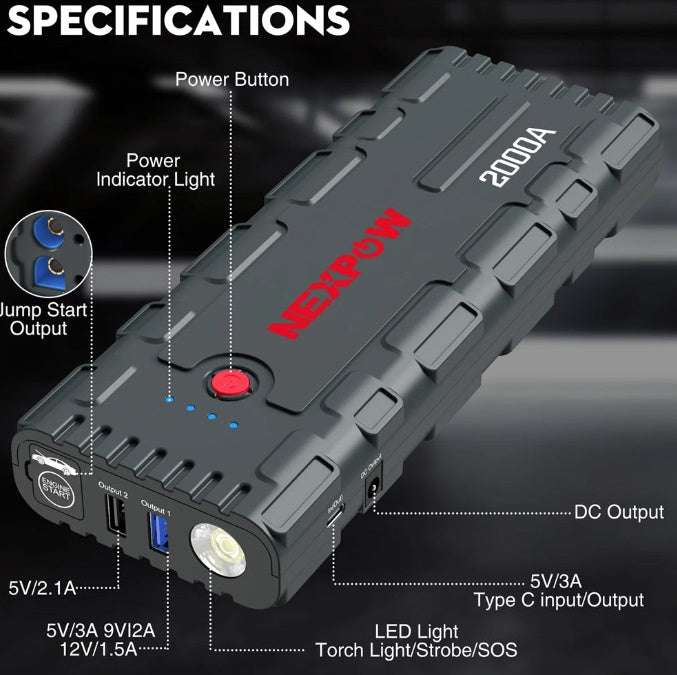 AVAPOW G17 12V auto starteris 2000A automašīnas akumulatora starteris, 12000mAh jauda.