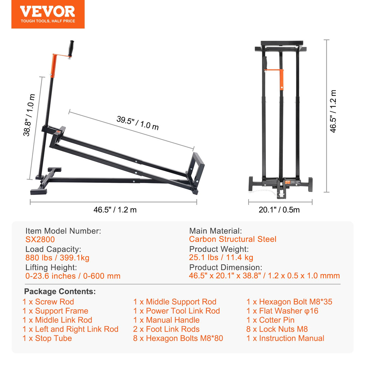 VEVOR zāles pļāvēja pacēlājs, 399 kg, pacelšanas augstums 600 mm