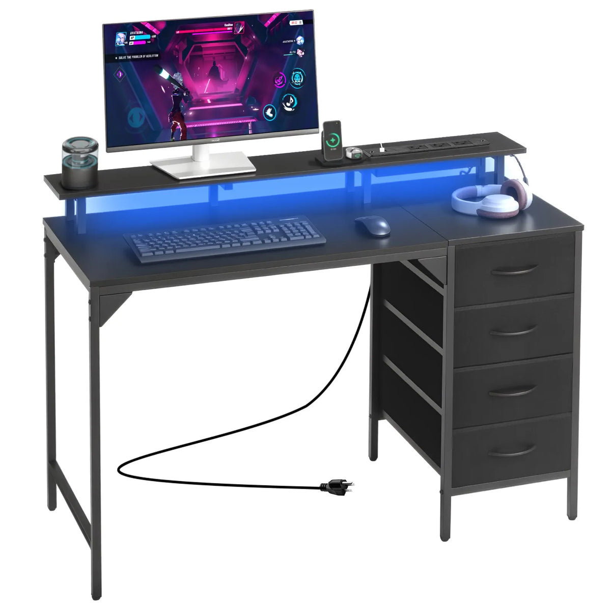 VEVOR Computer Desk with Smart LED Lighting and Power Outlets, 120 cm, 4 Large Drawers, Monitor Stand, Black