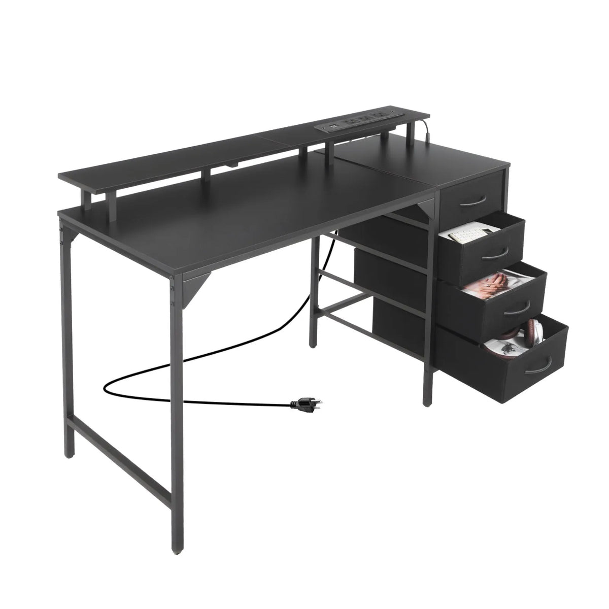 VEVOR Computer Desk with Smart LED Lighting and Power Outlets, 120 cm, 4 Large Drawers, Monitor Stand, Black