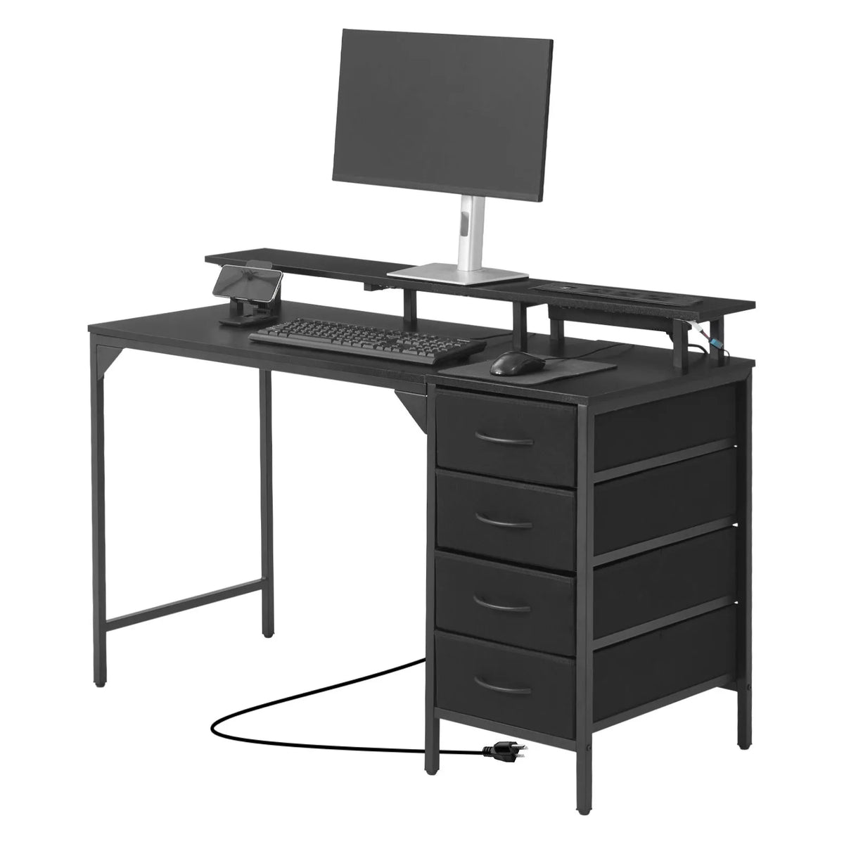 VEVOR Computer Desk with Smart LED Lighting and Power Outlets, 120 cm, 4 Large Drawers, Monitor Stand, Black