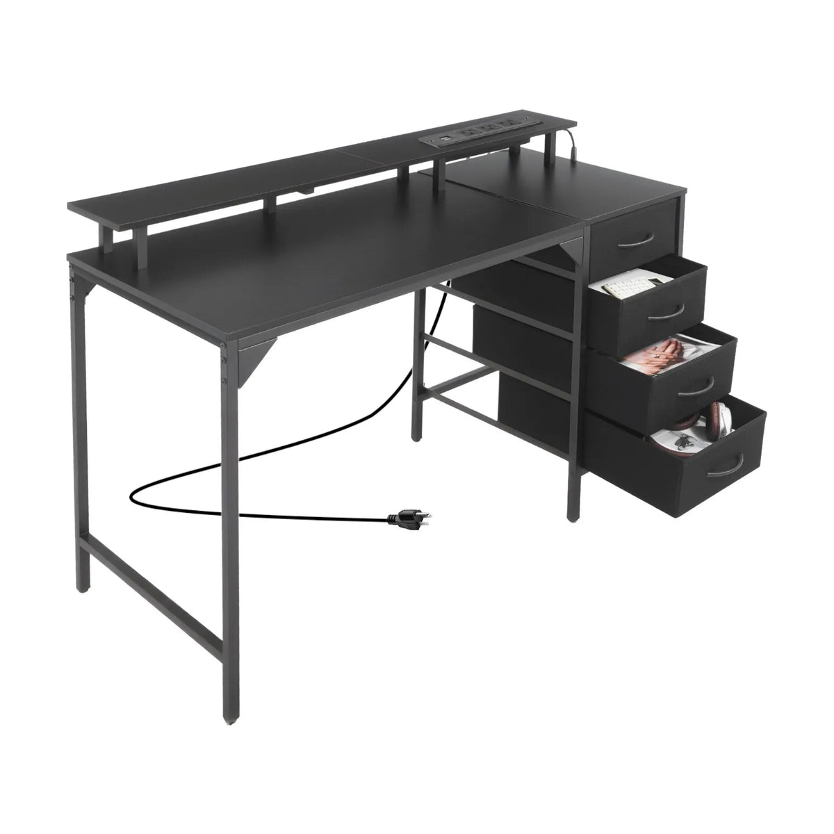 VEVOR Computer Desk with Smart LED Lighting and Power Outlets, 120 cm, 4 Large Drawers, Monitor Stand, Black