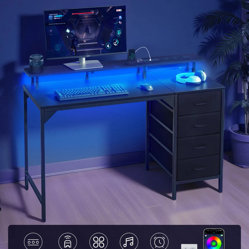 VEVOR datorgalds ar viedo LED apgaismojumu un kontaktligzdām, 120 cm, 4 lielas atvilktnes, monitora statīvs, melns