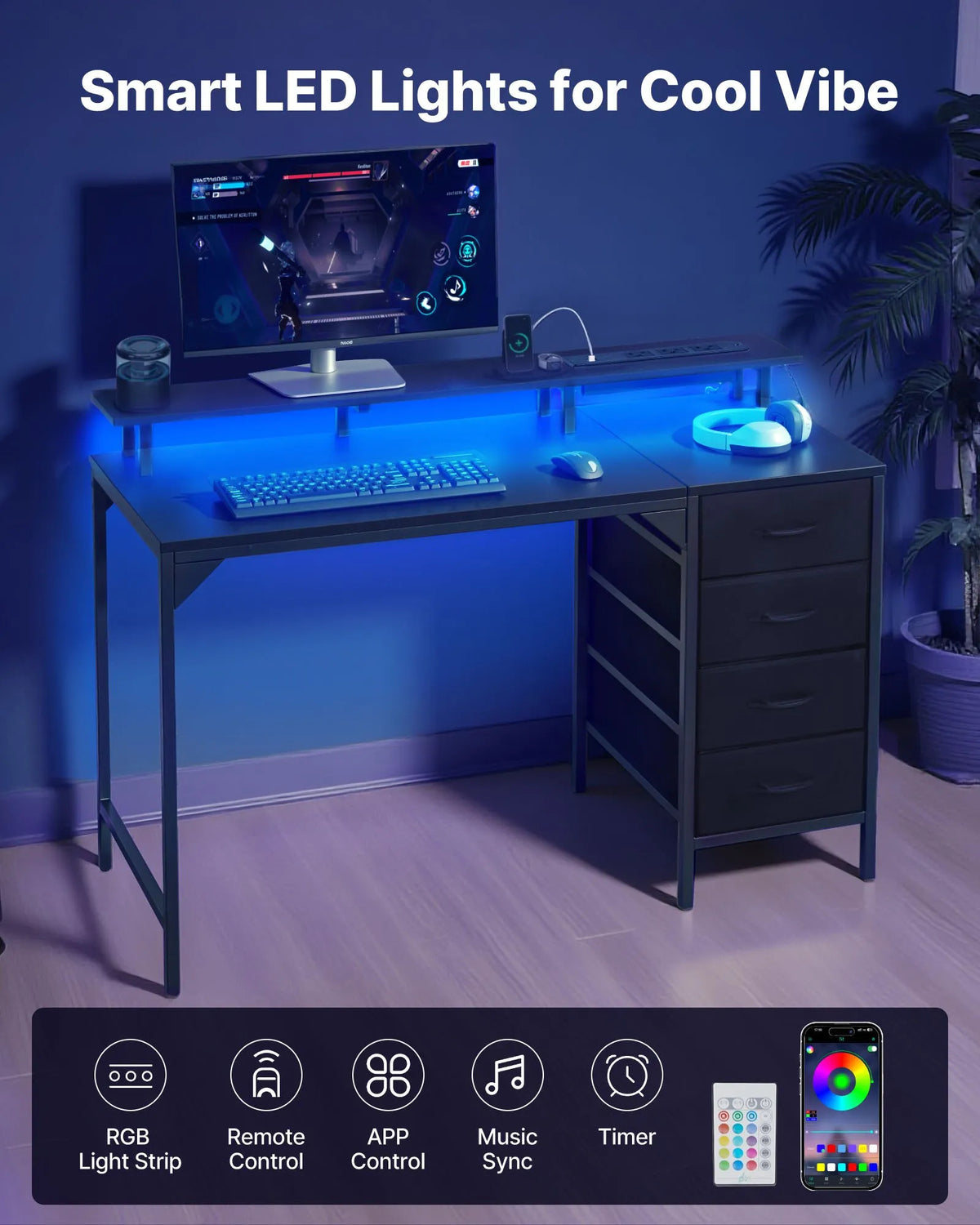 VEVOR Computer Desk with Smart LED Lighting and Power Outlets, 120 cm, 4 Large Drawers, Monitor Stand, Black