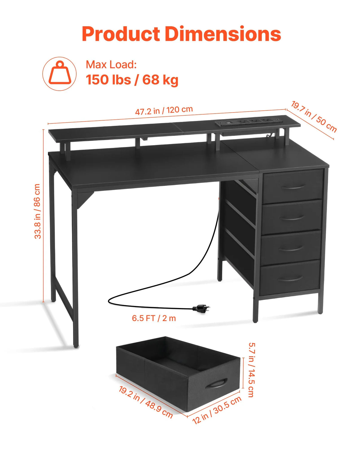 VEVOR Computer Desk with Smart LED Lighting and Power Outlets, 120 cm, 4 Large Drawers, Monitor Stand, Black