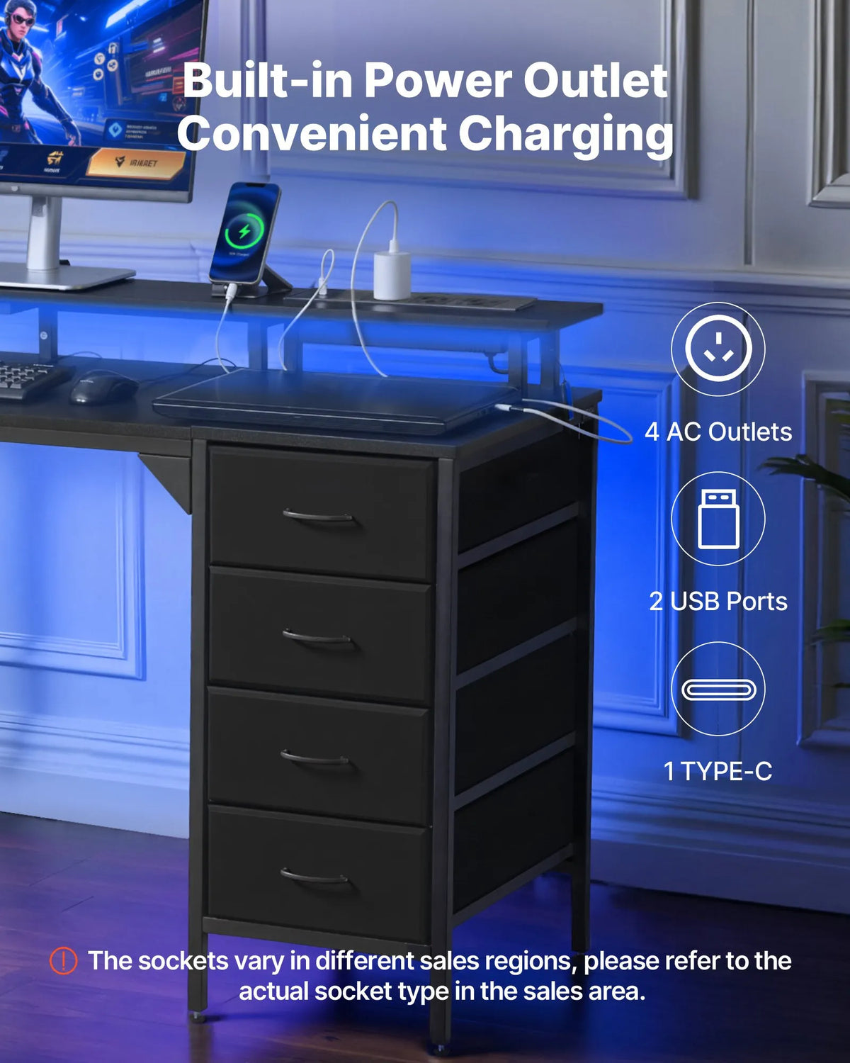VEVOR Computer Desk with Smart LED Lighting and Power Outlets, 120 cm, 4 Large Drawers, Monitor Stand, Black