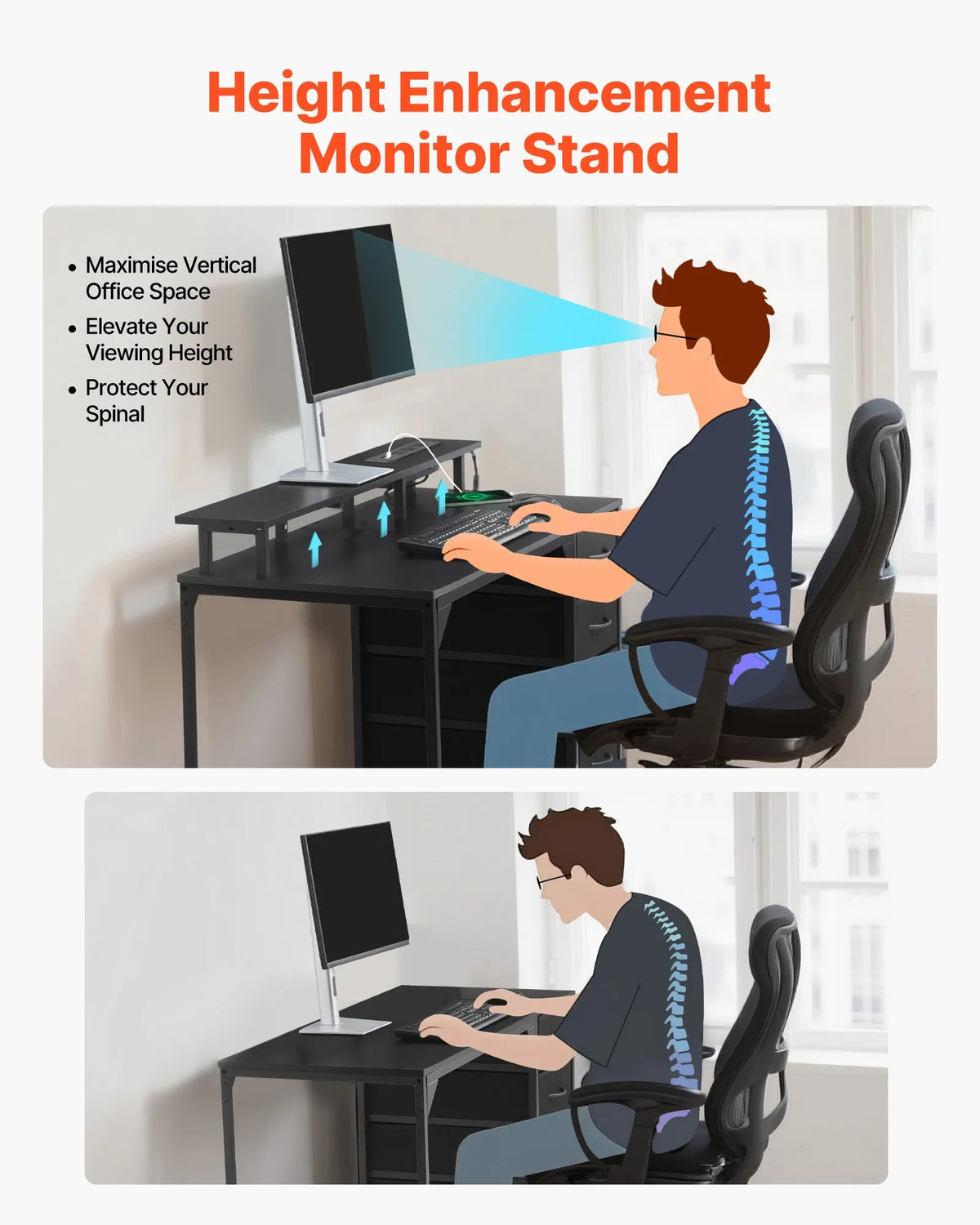 VEVOR Computer Desk with Smart LED Lighting and Power Outlets, 120 cm, 4 Large Drawers, Monitor Stand, Black
