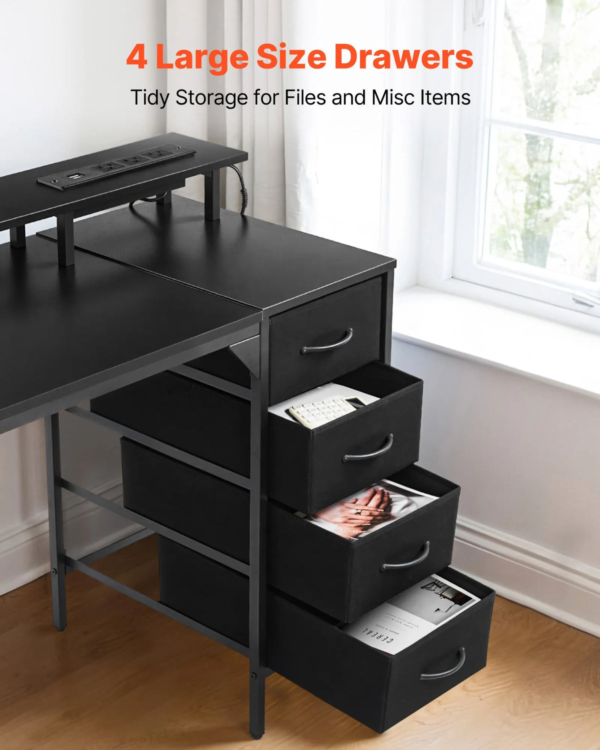 VEVOR Computer Desk with Smart LED Lighting and Power Outlets, 120 cm, 4 Large Drawers, Monitor Stand, Black