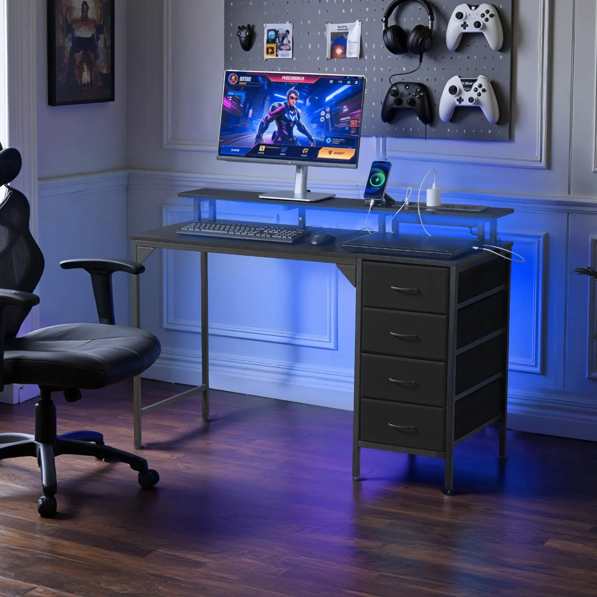 VEVOR Computer Desk with Smart LED Lighting and Power Outlets, 120 cm, 4 Large Drawers, Monitor Stand, Black