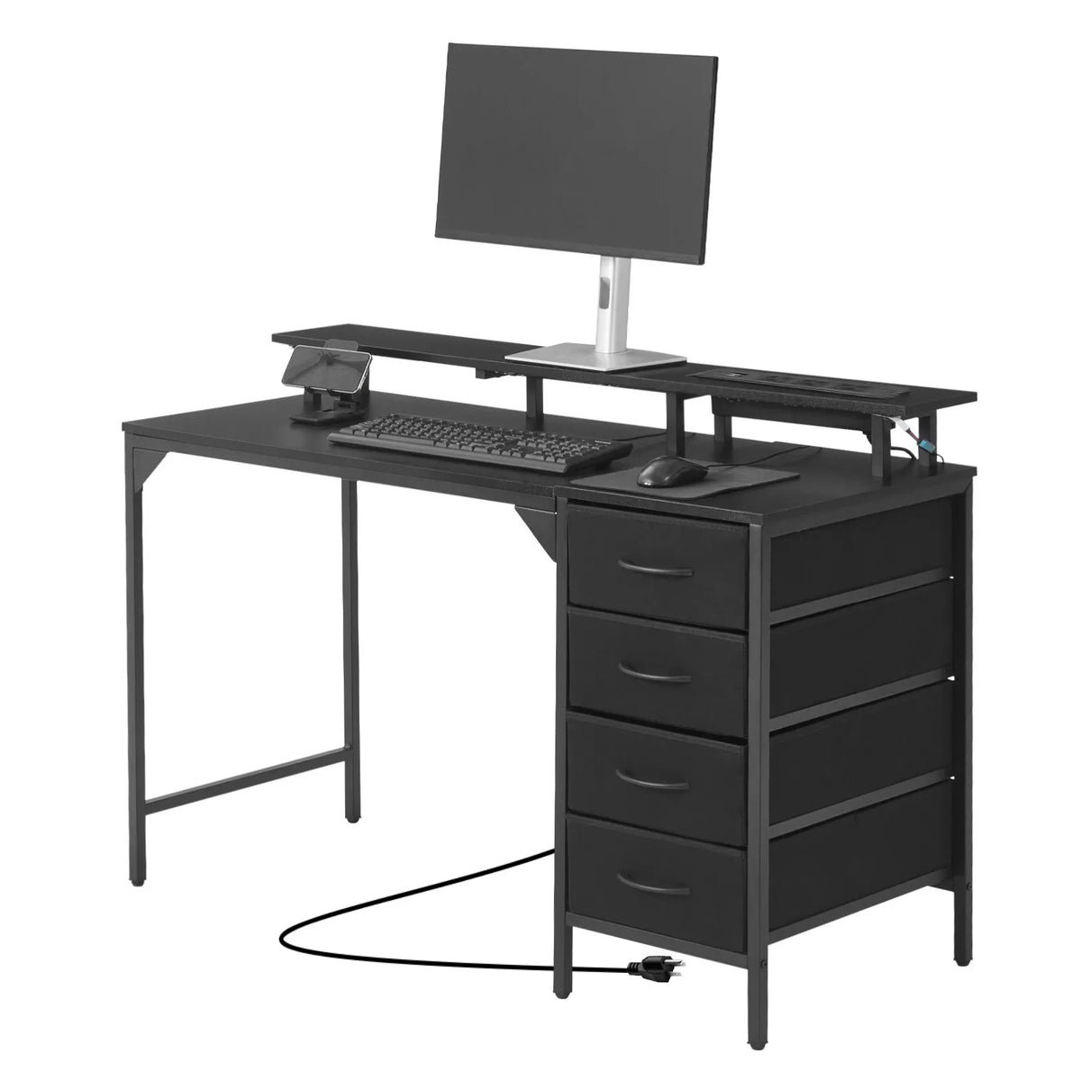 VEVOR Computer Desk with Smart LED Lighting and Power Outlets, 120 cm, 4 Large Drawers, Monitor Stand, Black