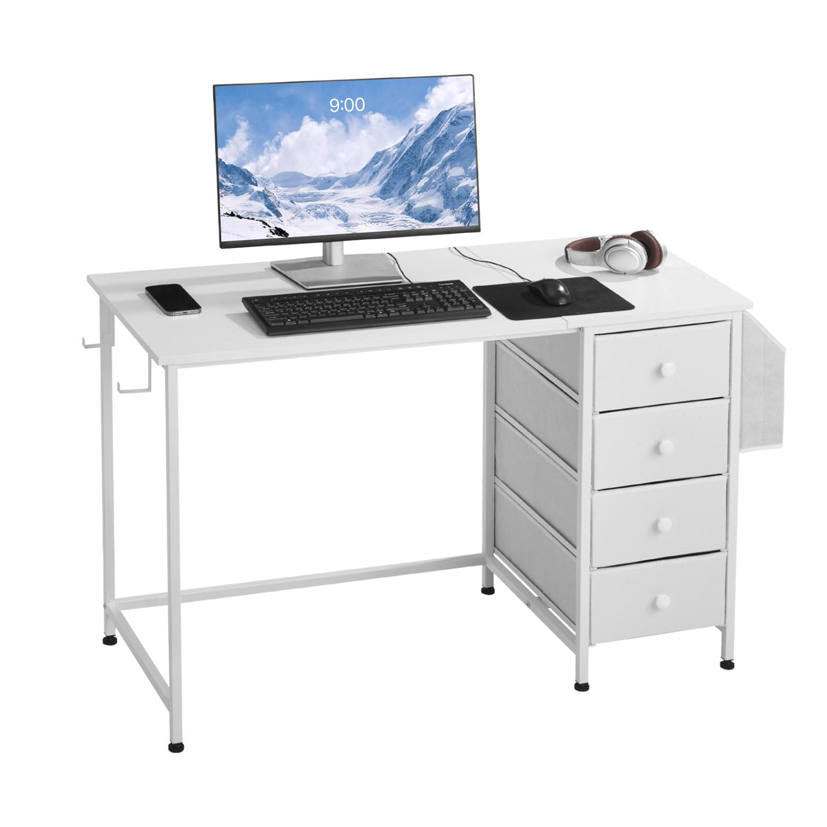 VEVOR Computer Desk with Fabric Drawers, 120 cm, Adjustable Layout, Metal Frame, White