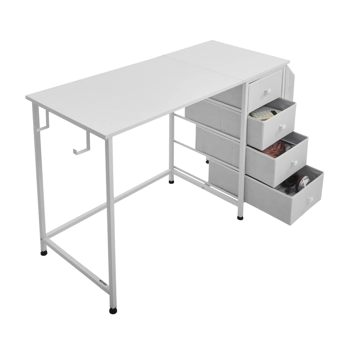 VEVOR Computer Desk with Fabric Drawers, 120 cm, Adjustable Layout, Metal Frame, White