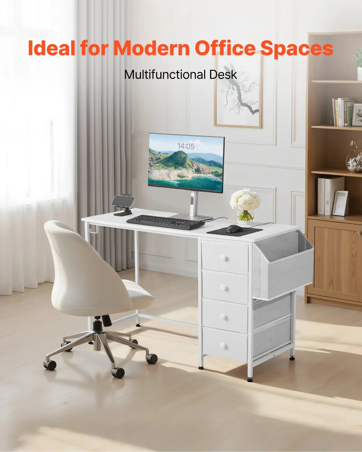 VEVOR Computer Desk with Fabric Drawers, 120 cm, Adjustable Layout, Metal Frame, White