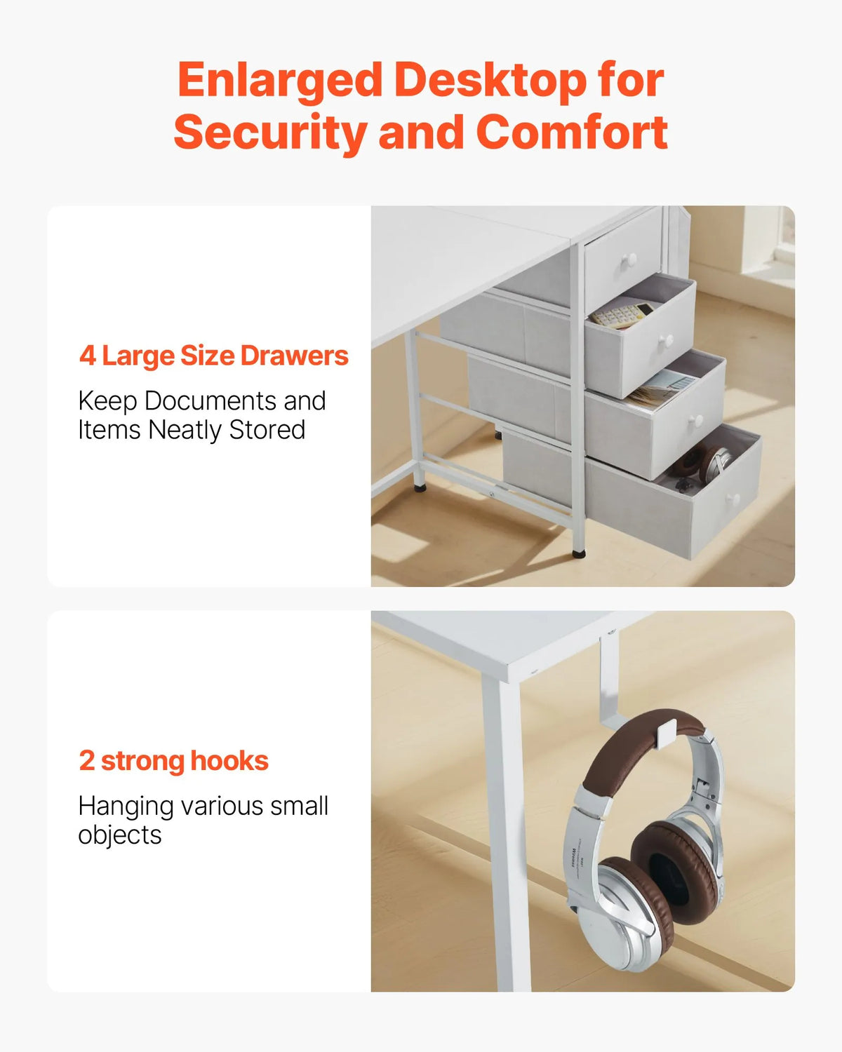 VEVOR Computer Desk with Fabric Drawers, 120 cm, Adjustable Layout, Metal Frame, White