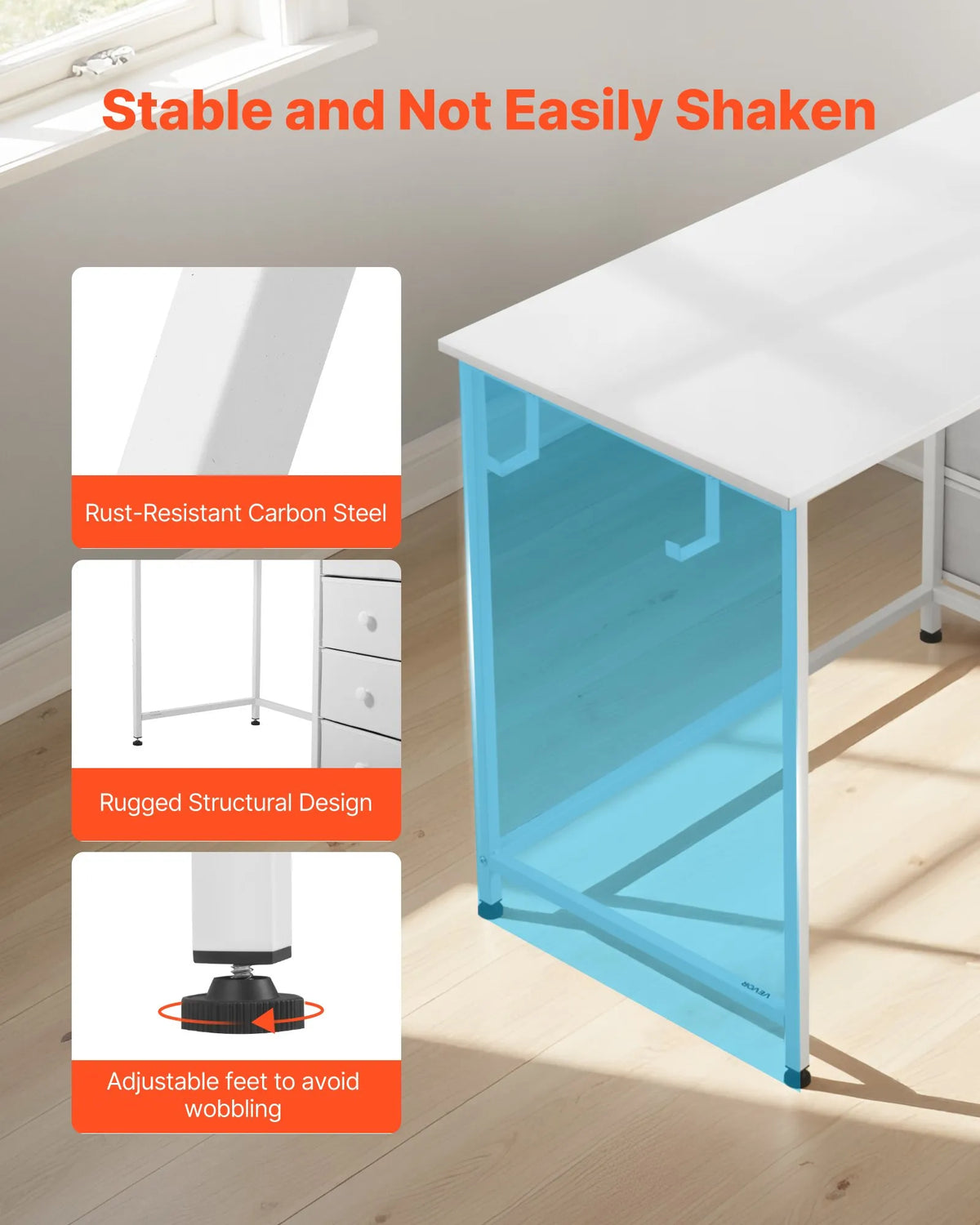 VEVOR Computer Desk with Fabric Drawers, 120 cm, Adjustable Layout, Metal Frame, White