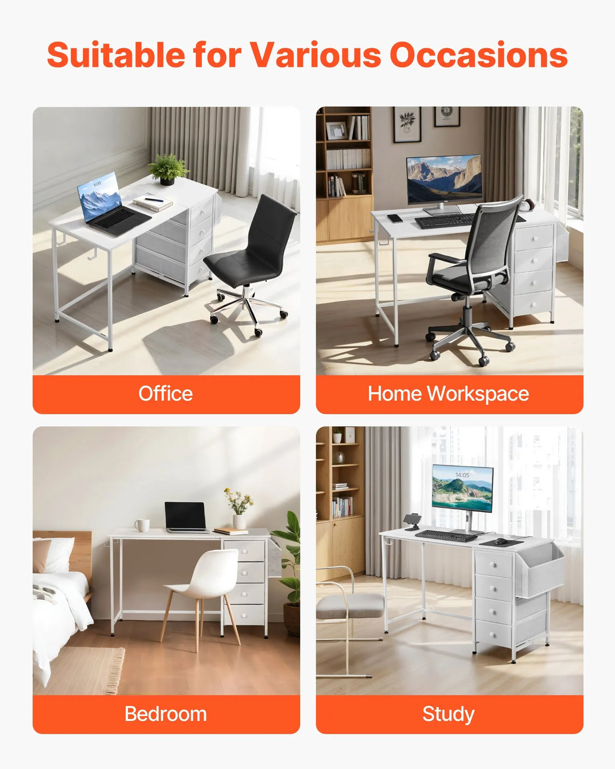 VEVOR Computer Desk with Fabric Drawers, 120 cm, Adjustable Layout, Metal Frame, White