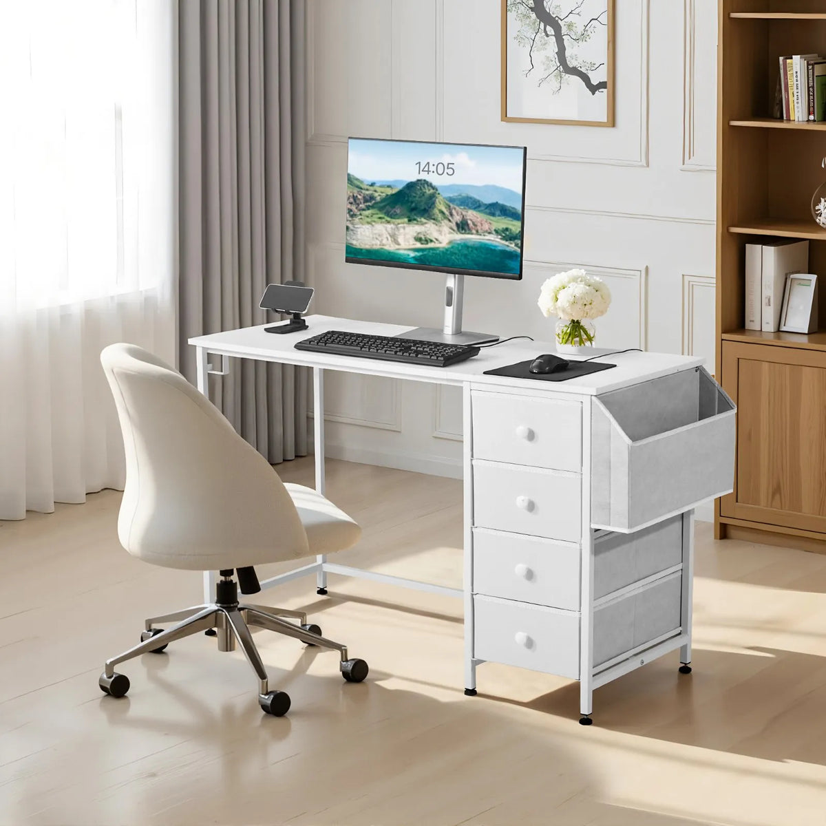 VEVOR Computer Desk with Fabric Drawers, 120 cm, Adjustable Layout, Metal Frame, White